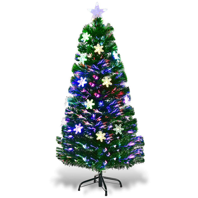 Dreamade 4ft Pre-Lit Fiber Optic Christmas Tree Artificial Xmas Full Tree with Colorful Snowflake LED Lights
