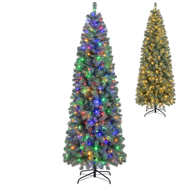 Dreamade 7.5ft Pre-Lit Blue Slim Pencil Christmas Tree with 250 Warm White & Multicolored LED Lights, 9 Modes, 724 Branch Tips