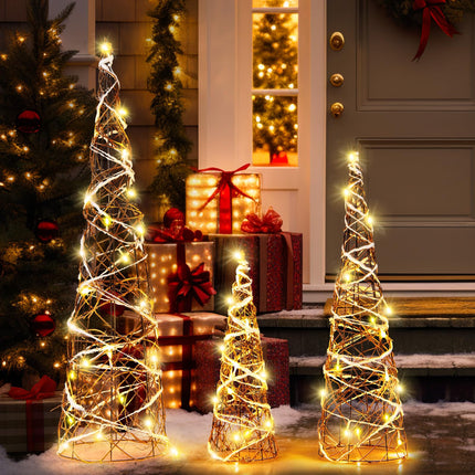 Dreamade Set of 3 Large Christmas Cone Trees, 32” 24” 16” Indoor Christmas Trees w/Warm White LED Lights