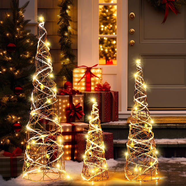 Dreamade Set of 3 Large Christmas Cone Trees, 32” 24” 16” Indoor Christmas Trees w/Warm White LED Lights