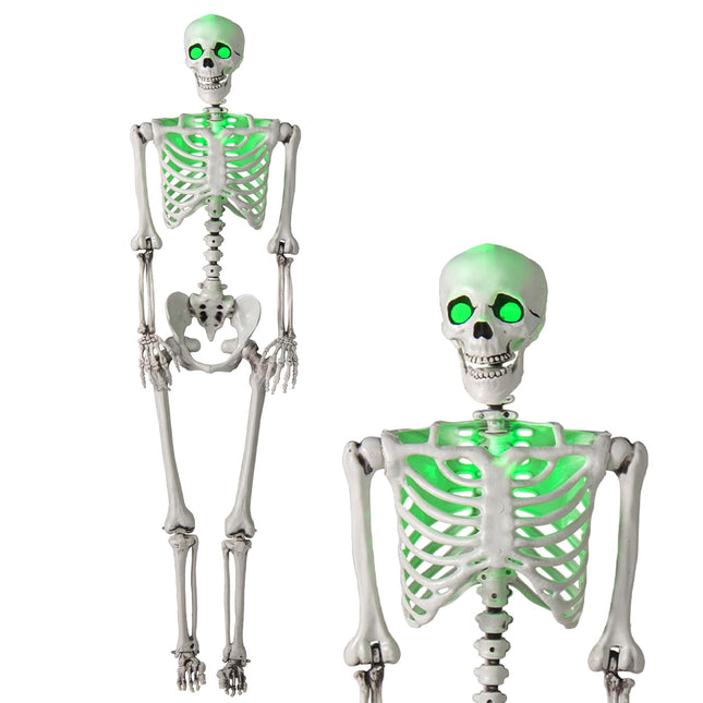 Dreamade 63" Life-Size Posable Skeleton with Green LED Lights Halloween Lighted Skeleton Decoration