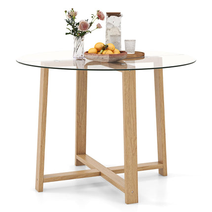 Dreamade 42” Round Dining Table for 4, Kitchen Table with 0.3” Tempered Glass Tabletop, Rubber Wood Legs