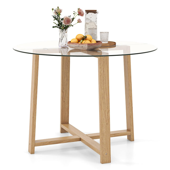 Dreamade 42” Round Dining Table for 4, Kitchen Table with 0.3” Tempered Glass Tabletop, Rubber Wood Legs