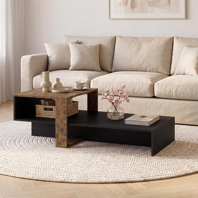 Dreamade 2-Tier Coffee Table | Modern Irregular Center Table with Open Storage Shelf