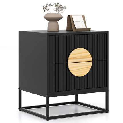 Dreamade Fluted Nightstand with 2 Drawers with Natural Circle Handle & Metal Frame