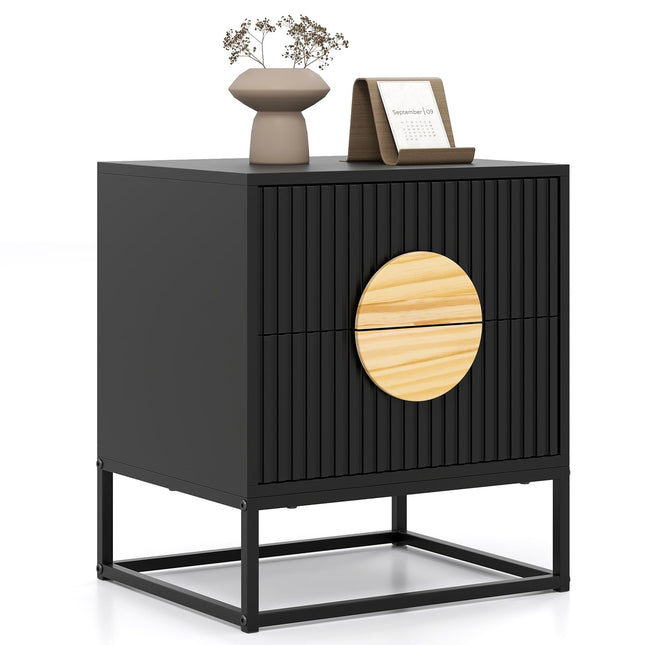 Dreamade Fluted Nightstand with 2 Drawers with Natural Circle Handle & Metal Frame