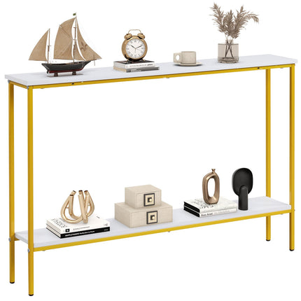 Dreamade Gold Console Table with Shelf, 44" Narrow Entryway Table w/Dual Anti-Tipping Kits & Golden Metal Frame