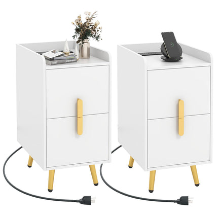 Dreamade Nightstand with Charging Station, Narrow End Table with 2 Drawers & Metal Gold Legs