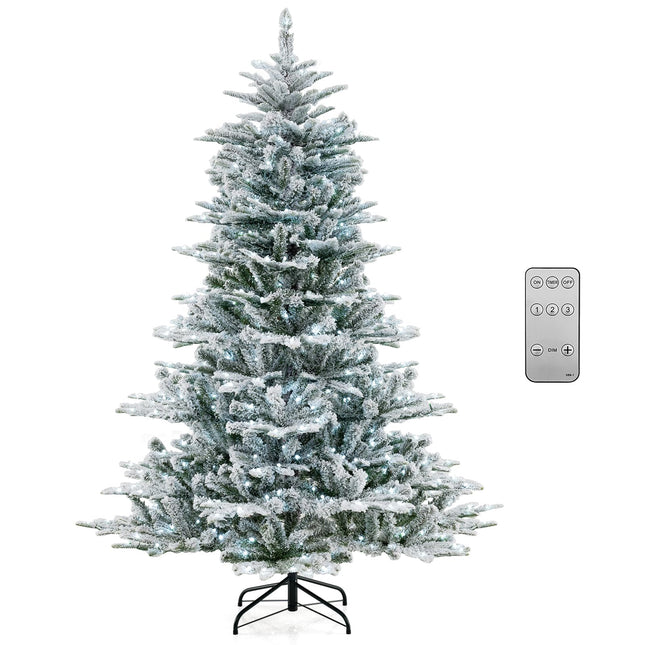 Dreamade 6/7/8 ft Pre-Lit Snow Flocked Christmas Tree, Artificial Hinged Xmas Tree with 661/1119/1447 PVC & PE Tips