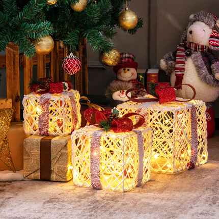 Lighted Gift Boxes Christmas Decoration, Set of 3 White Present Ornament Boxes with 60 LED Lights - DreamadeUS