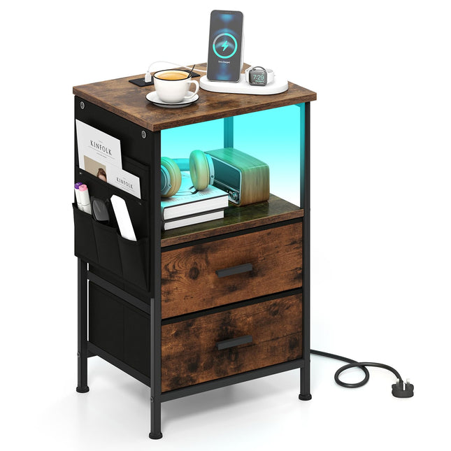 Dreamade Night Stand with Charging Station | LED Sofa End Table w/2 Folding Fabric Drawers