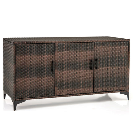 Dreamade 84-Gallon Wicker Deck Box - Patio Storage Cabinet, 3-Door PE Rattan Storage Container with Removable Shelves