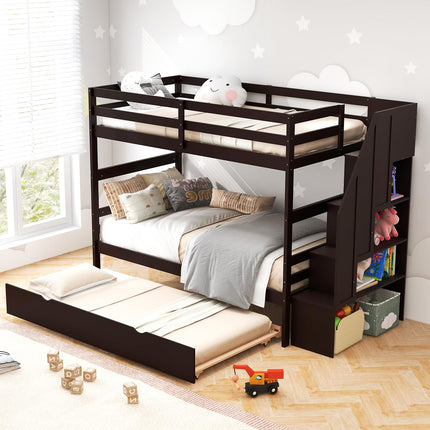 Dreamade Twin Over Twin Bunk Bed with Trundle and Storage Stairs, Solid Wood Bunk Bed Convertible 3 Bed Frames for Bedroom