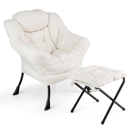 Dreamade Set of 1/2 Lazy Chair with Folding Ottoman, Modern Sherpa Accent Chair w/Armrests & Pocket