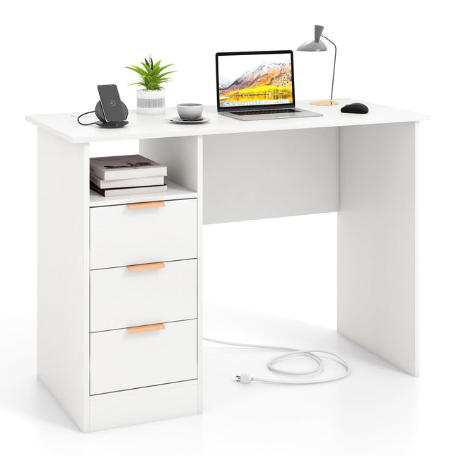 Dreamade White Desk with Drawers, Modern Home Office Desk Writing Study Desk with Charging Station