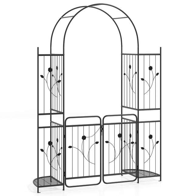 Dreamade 87'' Metal Garden Arbor with Lockable Gate and Planter Shelves