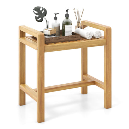 Dreamade Teak Wood Shower Bench - 20" Waterproof Shower Stool with Handles and Slatted Seat for Inside Shower