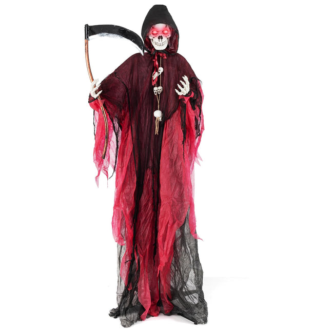 Dreamade 8 Ft Halloween Animatronics, Sound & Touch Activated Grim Reaper with Sickle, Glowing LED Eyes & Scary Voices