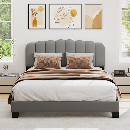 Dreamade Queen Bed Frame Linen Upholstered Platform Bed with Adjustable Scalloped Tufted Headboard