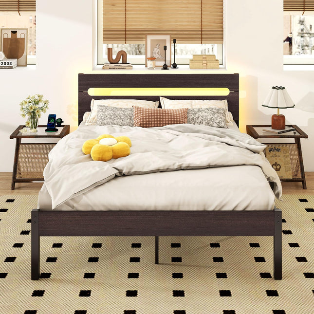 Dreamade Full Size LED Bed Frame with Charging Station Rustic Metal Platform Bed