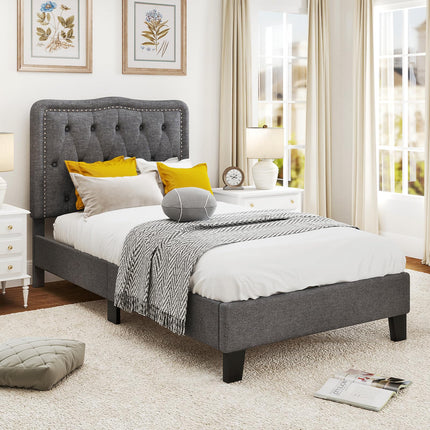 Dreamade Twin Size Bed Frame, Modern Linen Upholstered Platform Bed w/ 46" Tall Button Tufted Headboard