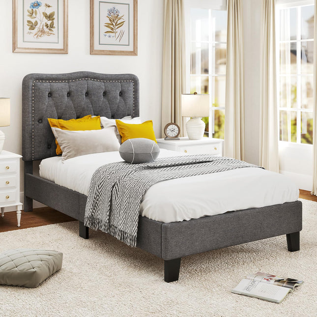 Dreamade Twin Size Bed Frame, Modern Linen Upholstered Platform Bed w/ 46" Tall Button Tufted Headboard