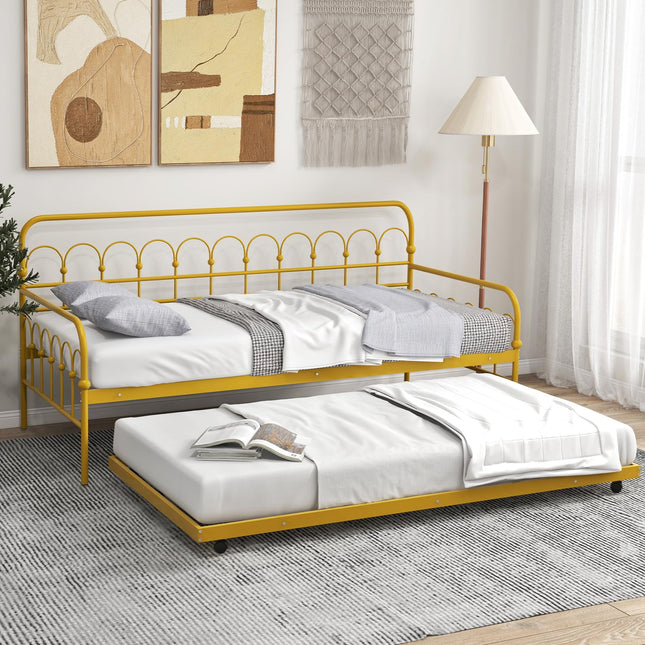 Dreamade Twin Daybed with Trundle Gold, Metal Day Bed with Convenient Pull-Out Trundle Bed