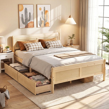 Dreamade Twin/ Full/ Queen Bed with 2 Storage Drawers Wood Platform Bed with Headboard & Footboard