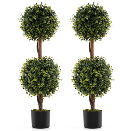 Dreamade 3 FT Artificial Boxwood Topiary Trees Set of 2 Faux Outdoor Topiary Ball Tree with Cement-Filled Pot