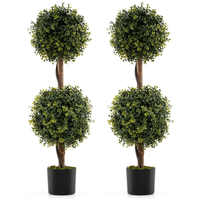 Dreamade 3 FT Artificial Boxwood Topiary Trees Set of 2 Faux Outdoor Topiary Ball Tree with Cement-Filled Pot