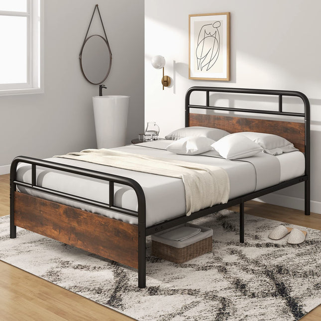 Dreamade Full Size Metal Bed Frame with Wood Headboard and Footboard