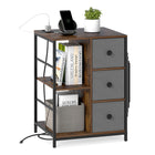 Dreamade Industrial Nightstand with Charging Station - End Side Table w/3 Fabric Drawers