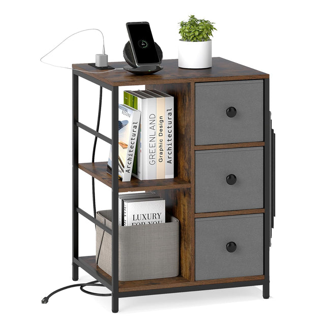 Dreamade Industrial Nightstand with Charging Station - End Side Table w/3 Fabric Drawers