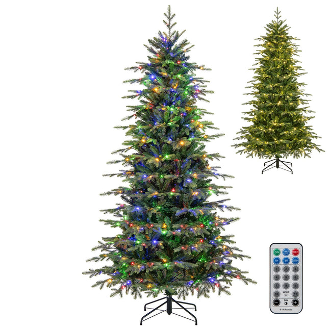 Dreamade 7.5ft Pre-Lit Artificial Christmas Tree with 1162 PVC & PE Tips, 380 Multicolored & Warm White LED Lights