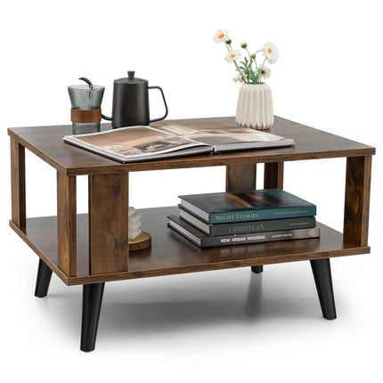 Dreamade Retro Wood Coffee Table, 2-Tier Tea Table w/Open Storage Shelf & Supportive Legs