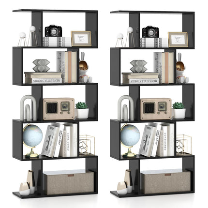 Dreamade 5-Tier Geometric Bookshelf, 62.5" Tall Wood S-Shaped Bookcase with Anti-Tipping Device