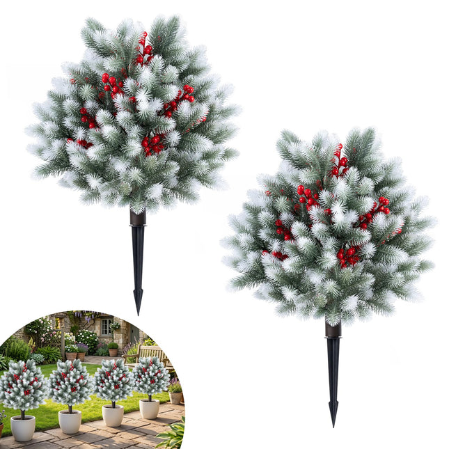 Dreamade 27.5" Faux Pine Needle Bushes with Ground Spikes | Artificial Cedar Topiary Ball Trees Set of 2