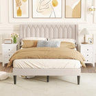 Dreamade Queen Size Dutch Velvet/Linen Fabric Upholstered Platform Bed with Wingback Headboard and Wooden Slat Support