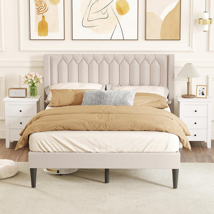 Dreamade Queen Size Dutch Velvet/Linen Fabric Upholstered Platform Bed with Wingback Headboard and Wooden Slat Support