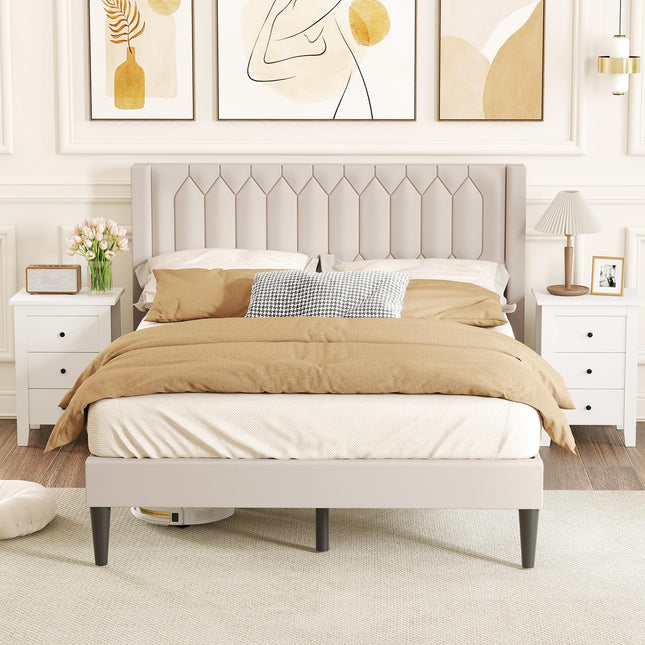 Dreamade Queen Size Dutch Velvet/Linen Fabric Upholstered Platform Bed with Wingback Headboard and Wooden Slat Support