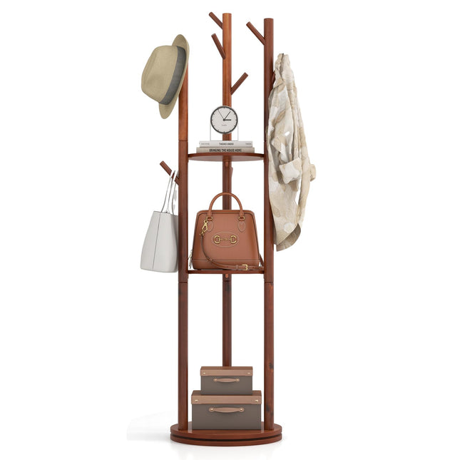 Dreamade Coat Rack Freestanding, Wooden Rotary Coat Tree w/ 3 Display Storage Shelves & 9 Hooks