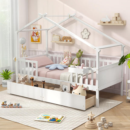 Dreamade Twin House Bed with Drawers, Wooden Twin Bed Frame with Cube Storage & Fence Rails