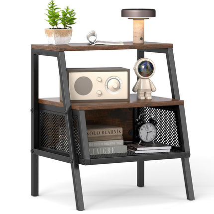 Dreamade Industrial Nightstand 3-Tier End Table with 2 Open Shelves and Metal Mesh Compartment