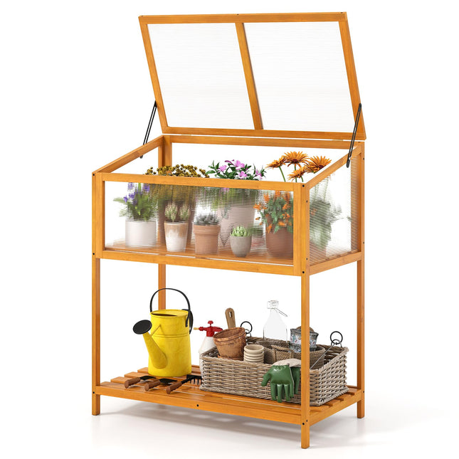 Dreamade Wood Cold Frame Greenhouse with Transparent Openable Roof & Slatted Shelf
