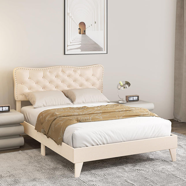 Dreamade Full Size Bed Frame Beige, Linen Fabric Upholstered Platform Bed Frame with Nail Headboard