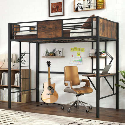 Dreamade Twin Loft Bed with Desk - Heavy-Duty Metal Bed Frame w/Safety Guardrail