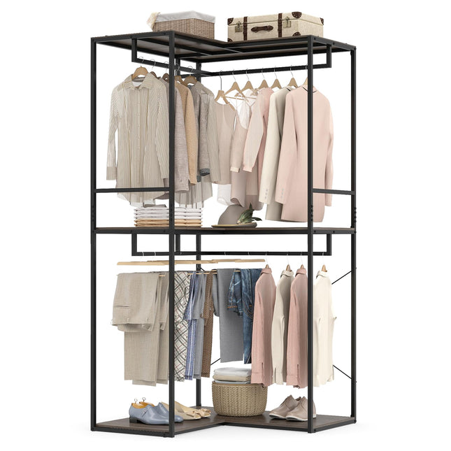 Dreamade Heavy Duty Clothes Rack | 3-Tier L-Shaped Garment Rack w/3 Open Shelves & 2 Hanging Racks