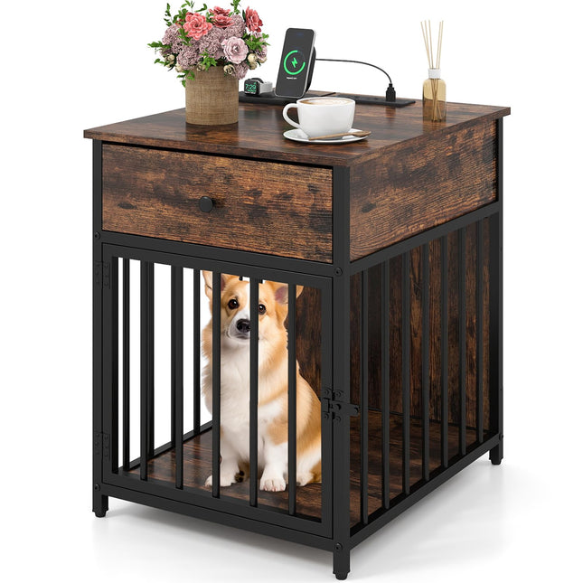 Dreamade Dog Crate End Table with Charging Station