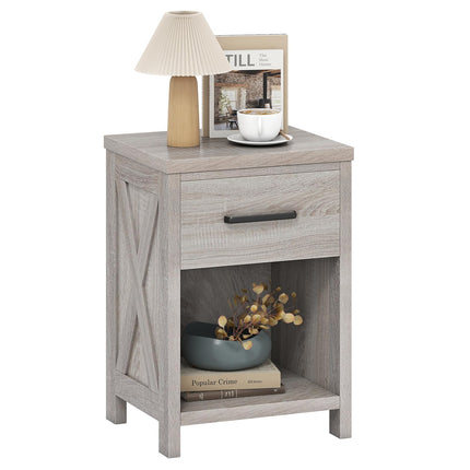 Dreamade Wooden Bedside Table with Storage Drawer and Open Shelf