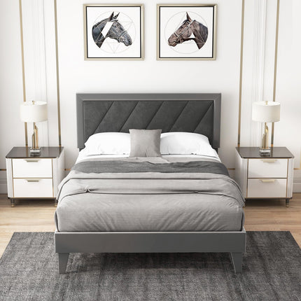 Dreamade Full Size Velvet Bed Frame with Headboard, Modern Upholstered Platform Bed, No Box Spring Needed, Black & Gray